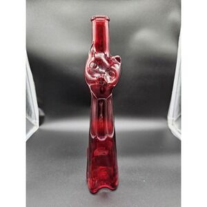 Cat Glass Wine Bottle Decanter-Tall Red Color Glass Decor Collectible Boho Style